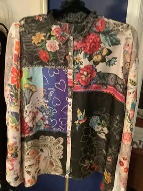 Johnny Was Multicolor Floral Patchwork Button-Front Blouse sz L